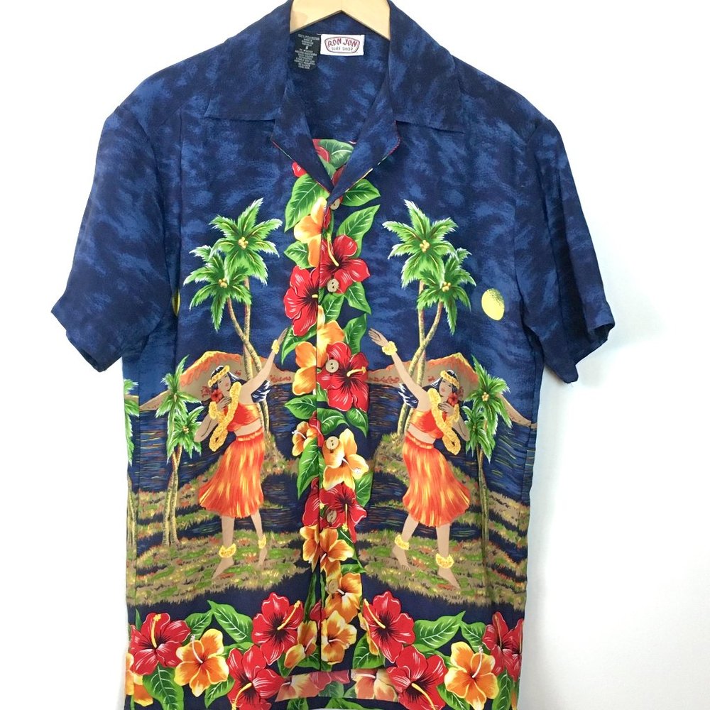 RON JON Mens Small  Printed Retro Hawaiian Short Sleeve Shirt Hula Girls